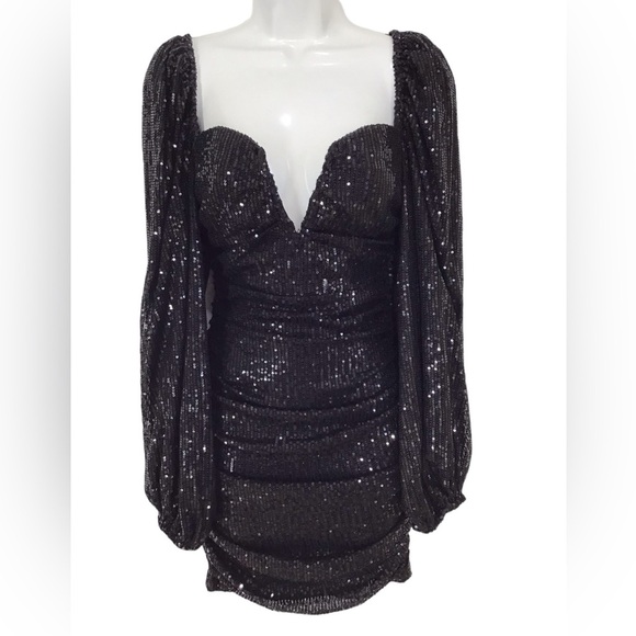 Lady Voxy Black V Neck Sequin Ruched Long Sleeve Mini Dress - Picture 1 of 6